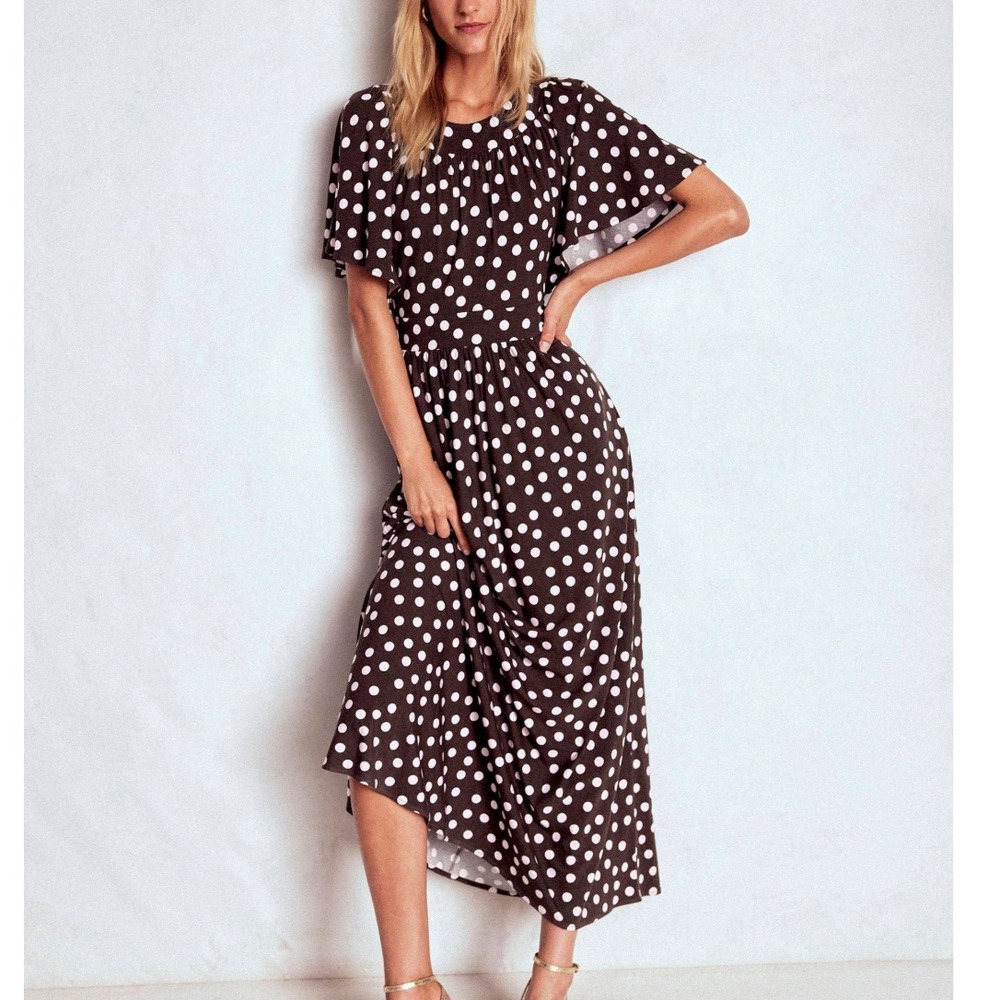 Boden Yoke Panel Dress 20-22R Brown Pink Polka Dot A Line Maxi Boho Jersey Knit
